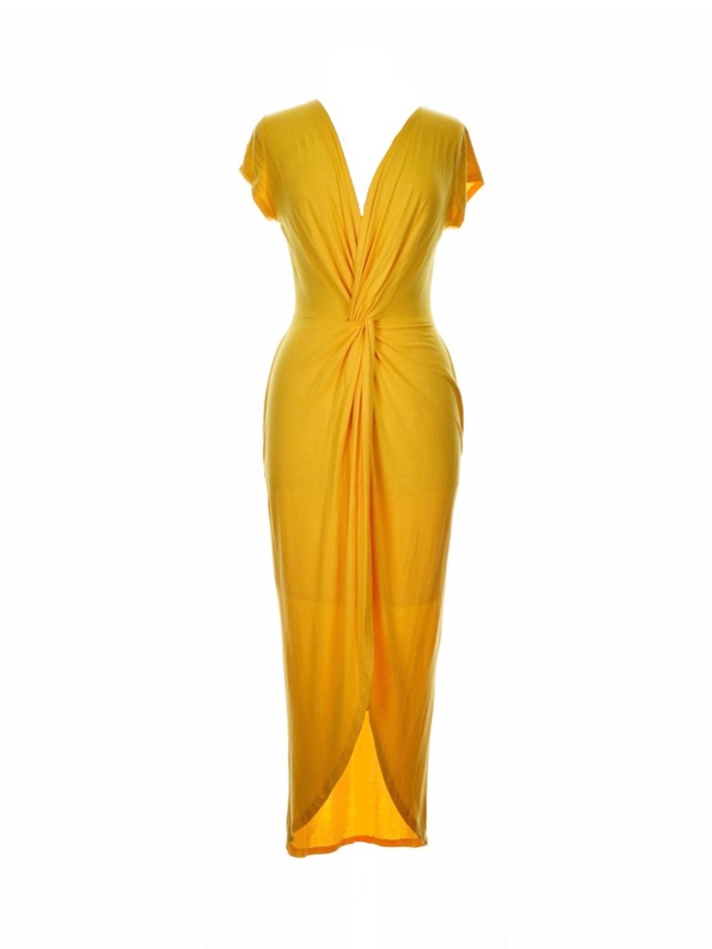 Rolla Coster Twist Front Bodycon Midi Dress Yellow Cutout Plunge Neck Fitted